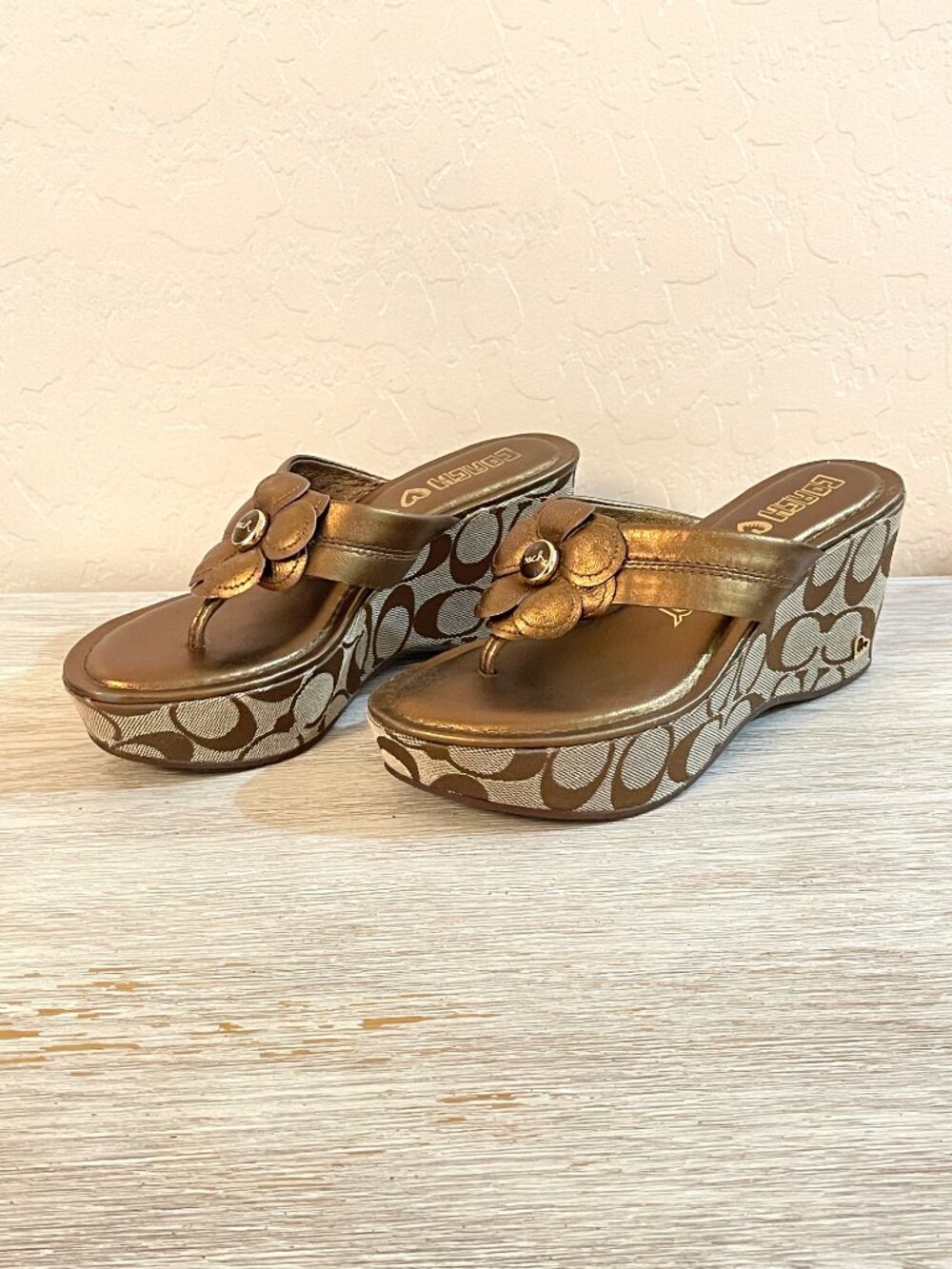 Coach Poppy Sandals Harley Logo Platform Wedge Thong Slides Bronze Flower Size 6